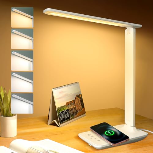 lámpara de escritorio LED con QI carga inalámbrica, Flexo de Escritorio con luz nocturna, lampara de escritorio con control táctil, Puerto de carga USB, 5 niveles de luminosidad 5 modos