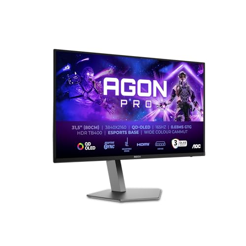 AOC Agon Pro AG326UDAM Monitor 32", 165Hz, Panel QD-OLED, 0.03ms GtG, HDR400 TrueBlack, Adaptive Sync, G-Sync Comp., Altavoces, Altura Ajustable, (3840x2160 HDMI 2X 2.1 DP 1x 1.4 USB Hub) Negro