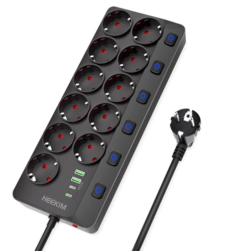 Regleta Enchufes USB, Regleta 4000W 16A con 11 Toma de Corriente y 2 USB-A y 2 USB-C Puertos, 6 Interruptores, Enchufe Multiple Cable de Extensión 2M para Hogar, Oficina, Escuela