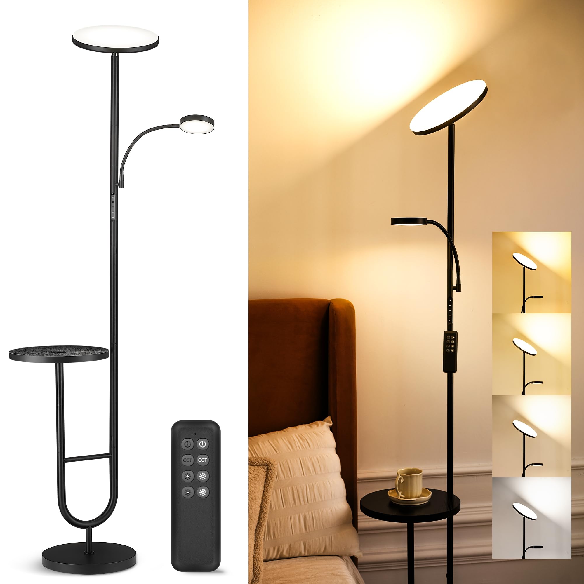 LuminexDesigns Lámpara de Pie LED con Mesa, 36W+7W Regulable 3200LM+600LM con Mando, Cabezal Giratorio 350°, 2700K-6500K, Lám