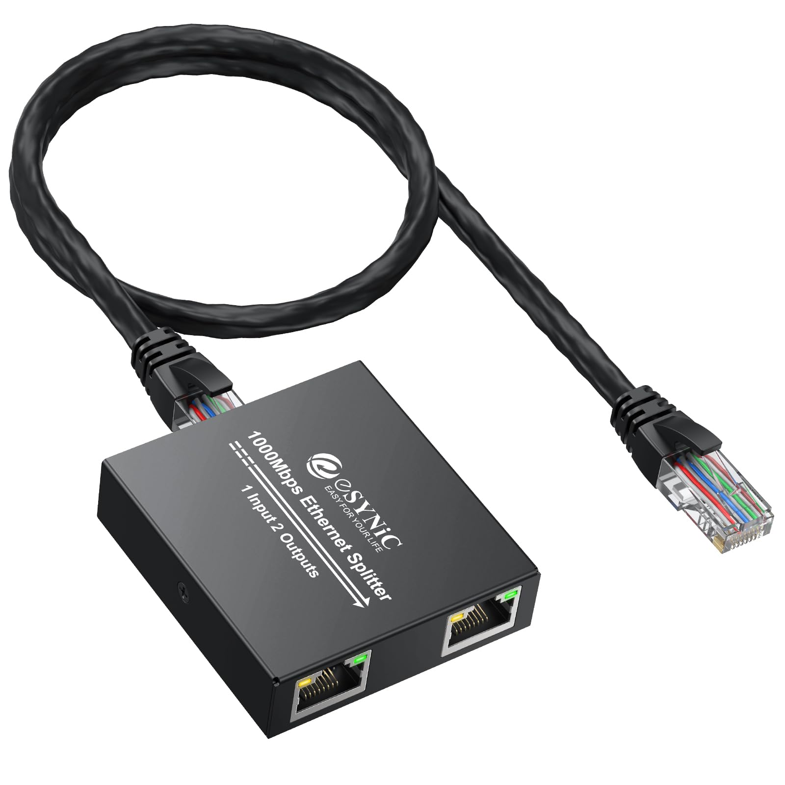 eSynic Switch Ethernet Splitter Gigabit 1 a 2 1000Mbps - Repartidor RJ45 Dual Puerto con Cable de Red de 0,5 m y Cable de Ali