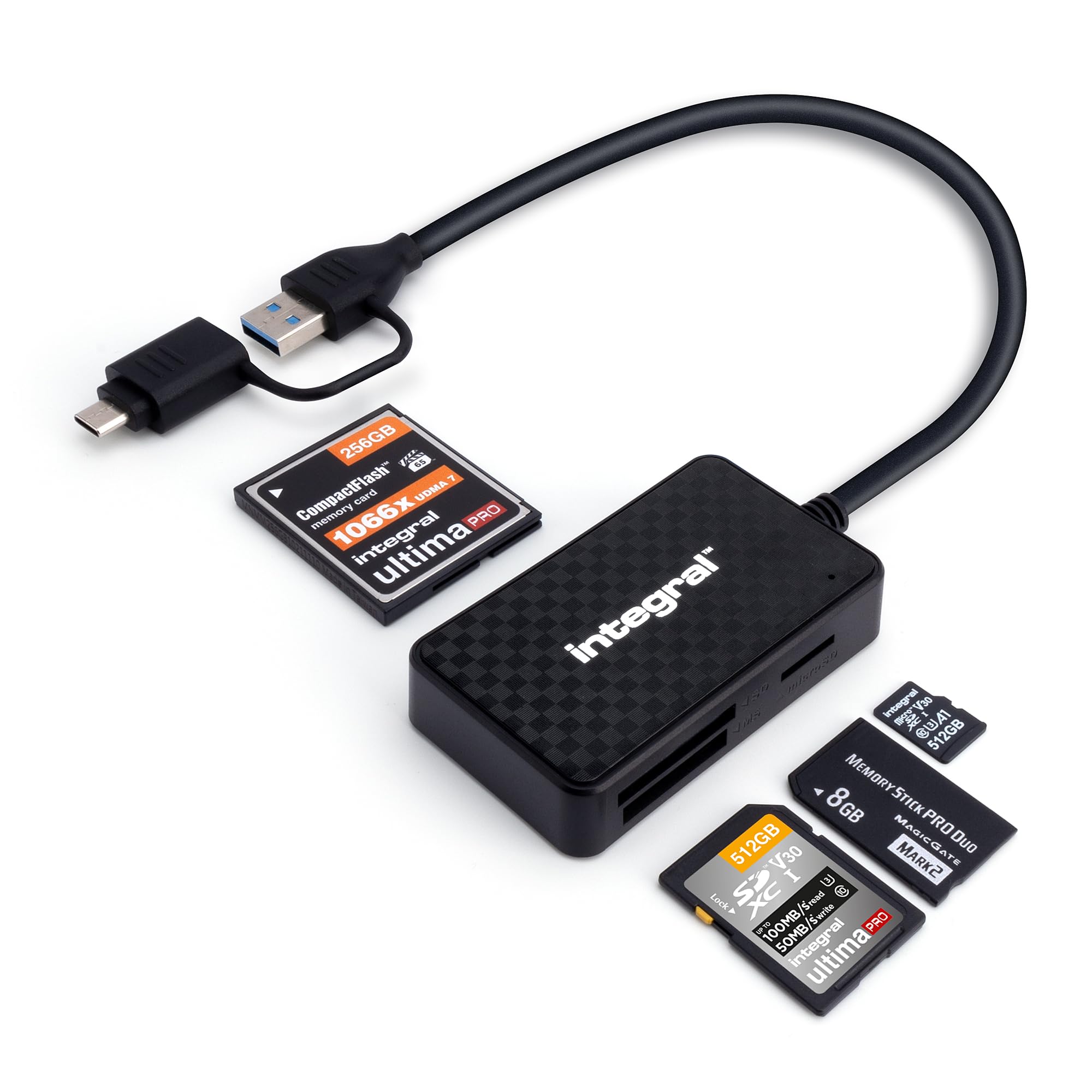 Integral 4en1 Lector de Tarjetas de Memoria, USB 3.0 y USB C Adaptador para microSD, SD, Compact Flash, MS Duo/Pro - Compatib