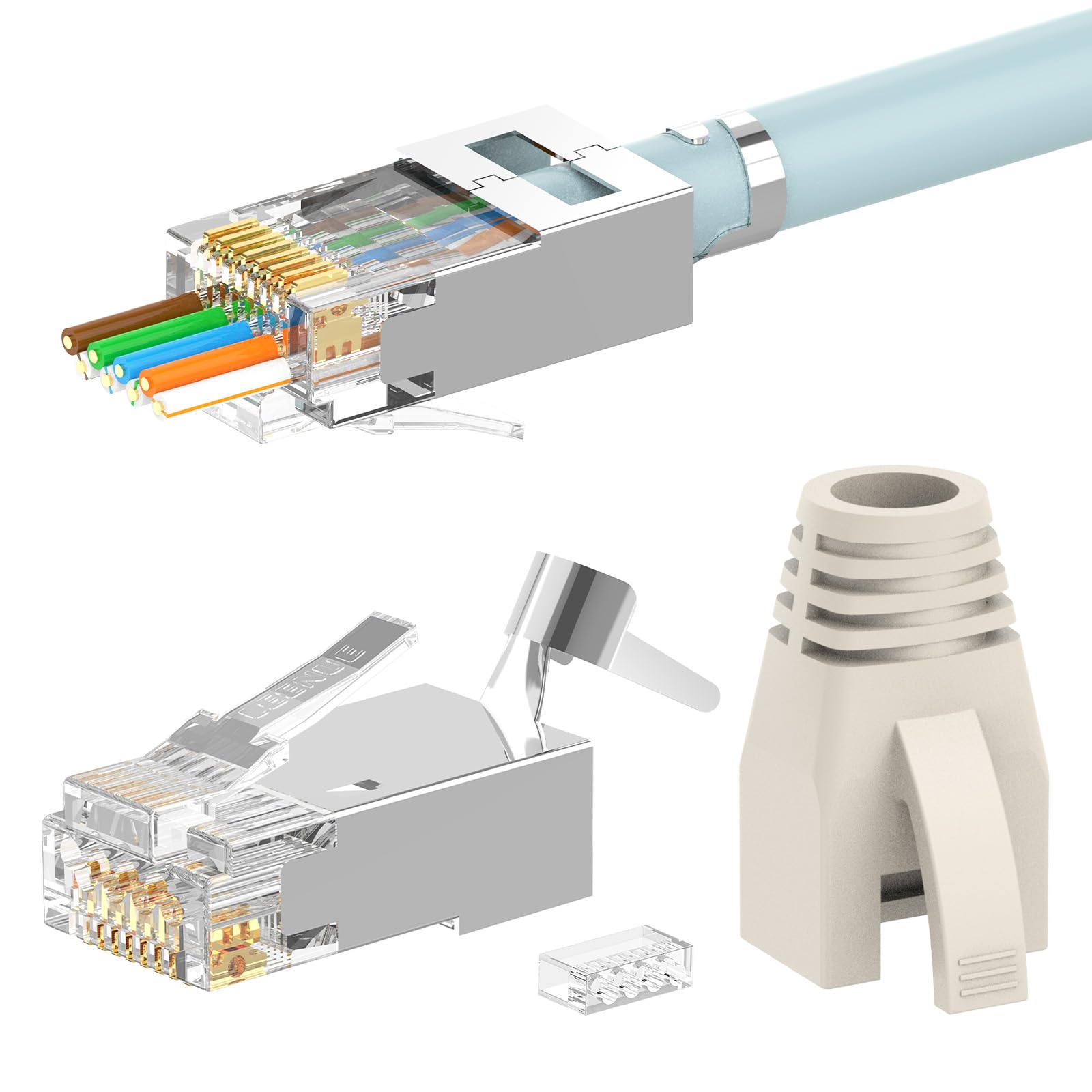 LEENUE 10 Unidades RJ45 Conector CAT 7 Pass Through, 10Gbps/600MHz, Dorado Conectores RJ45 CAT7 CAT6A, Conector LAN POE Para