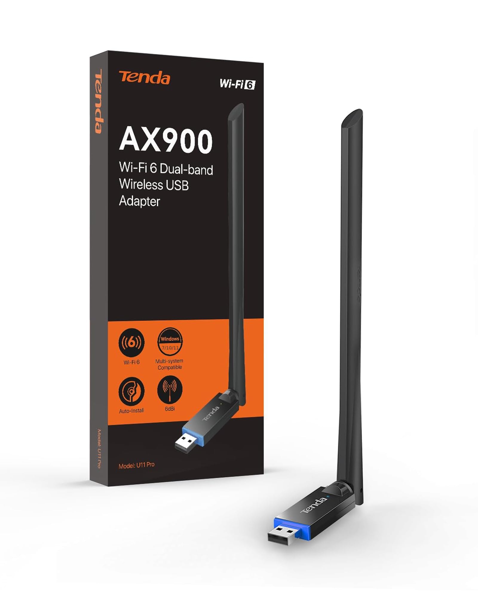 Tenda AX900 Adaptador USB WiFi para PC, Doble Banda 2.4G/5GHz, Antena WiFi 6dBi, Soft-Ap, MU-MIMO, WPA2, Windows 7/10/11, U11