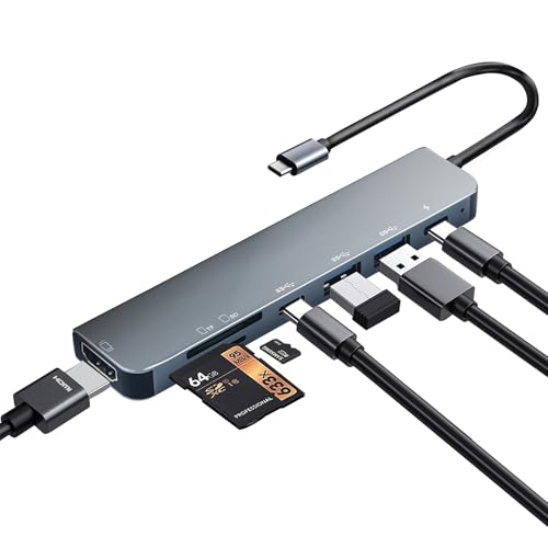Hub USB C 7 en 1 con HDMI 4K, PD 100W, USB-A 3.0/2.0, USB-C 2.0, Lector de Tarjetas SD/TF, Adaptador Multipuerto USB C para MacBook Air/Pro, iPad, DELL, HP, Surface, Samsung