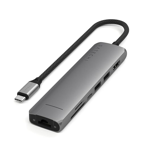SATECHI 7 en 1 Hub USB C Slim Plus Adaptador Multipuerto con Ethernet, Carga PD 100W, HDMI 4K@60Hz, 2X Puertos USB-A 10Gbps y SD/microSD para MacBook Air & Pro, PC Portatil y más – Gris