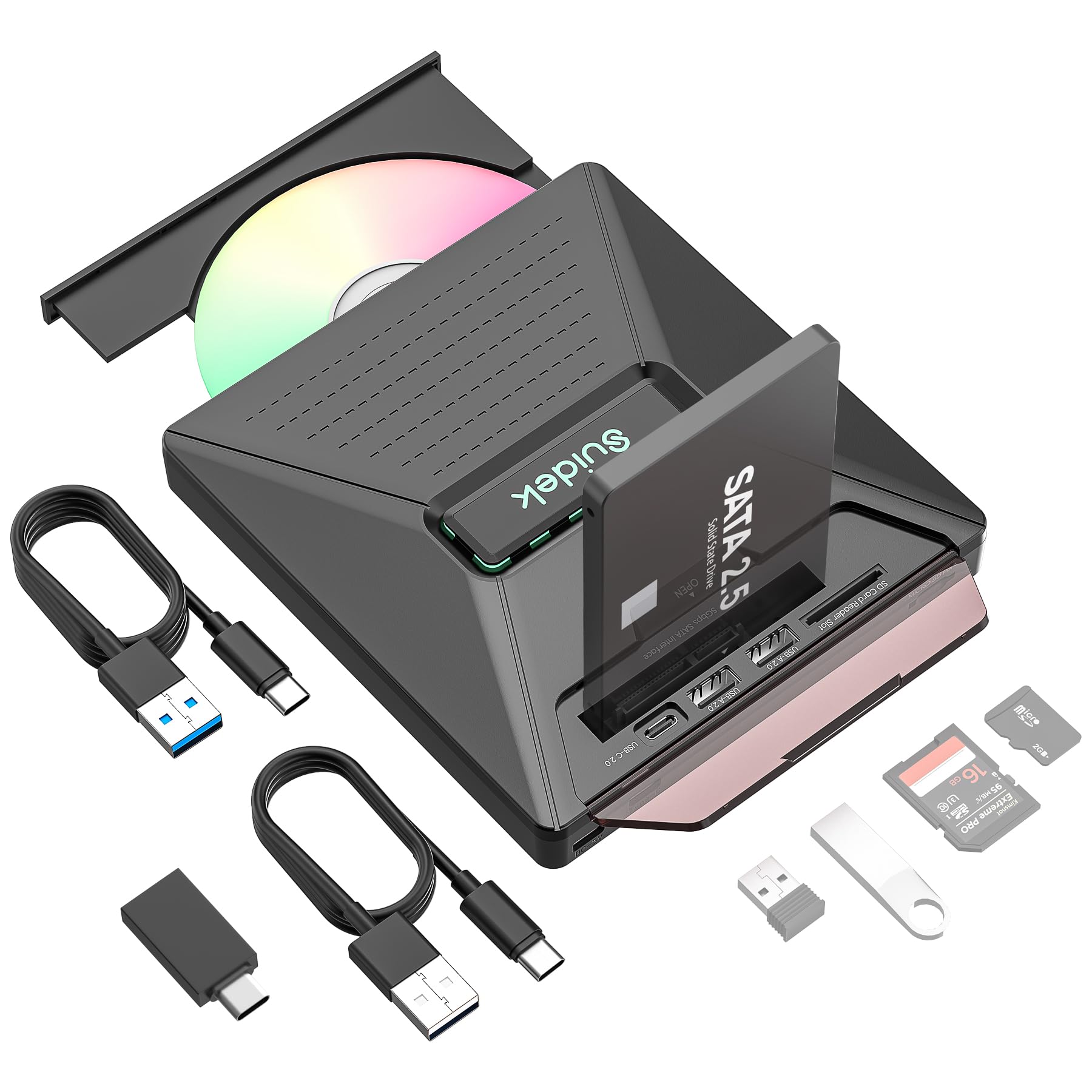 Unidad de DVD Externo, Lector CD Externo Portátil USB 7 en 1 para Ordenador Portátil, Compatible con Unidad de Tarjetas SD/Mi