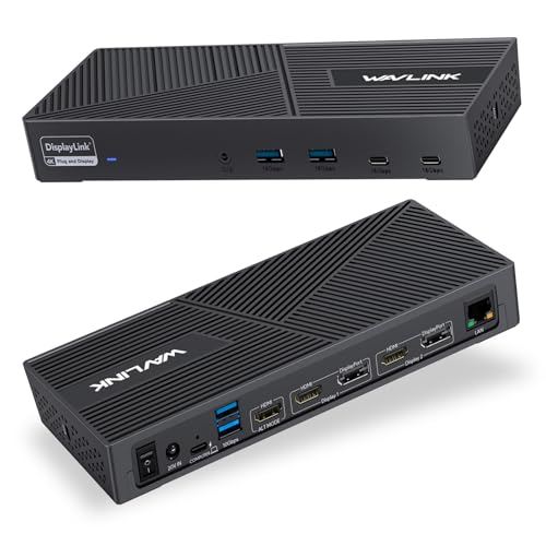 WAVLINK Estación de Acoplamiento Displaylink USB C Universal Docking Station con 3 × HDMI, 2X DP, 100 W PD, Gigabit Ethernet, 6 × 10Gbps USB-A & C, Audio, micrófono, Compatible con Mac OS y Windows