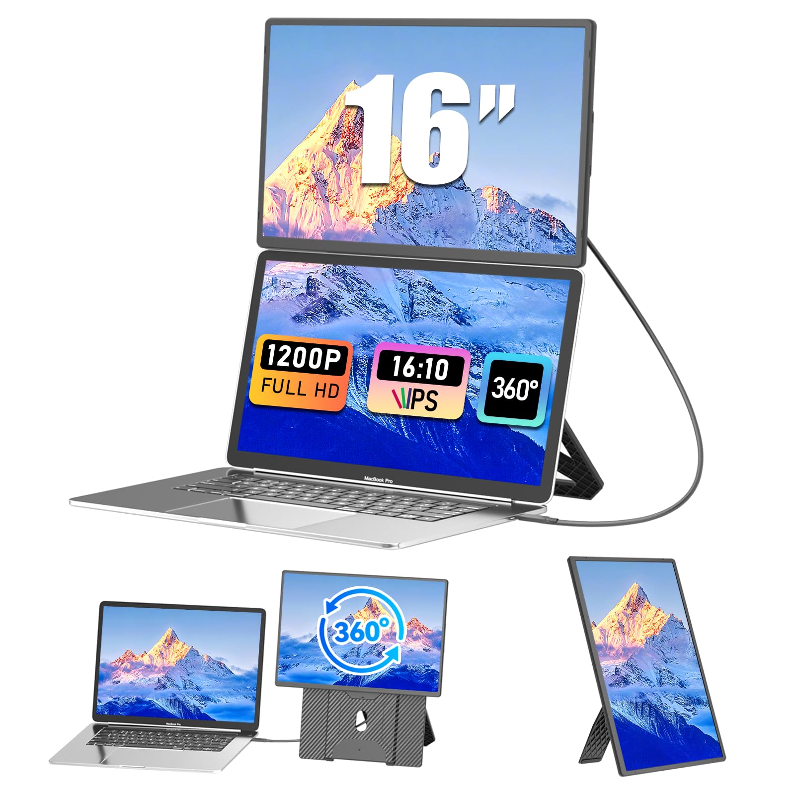Monitor Portátil 16" IPS 1200P - Extensor de Pantalla para Portátil Ultra Delgado para Laptops 13-17.3", Compatible con Mac/W