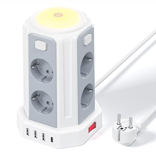 Torre Regletas Enchufes (3600W/16A), 2 M Enchufes Vertical con 4 Puertos USB y 8 Enchufes Tomas Protección con Interruptor y luz para Mesa, Oficia, Casa