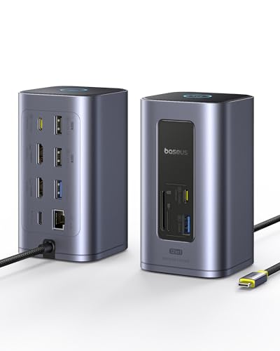 Baseus Nomos Air 12 in 1 Docking Station, Estación de Acoplamiento 2 Monitores para Windows, con 4K HDMI, 10Gbps USB-A/C, SD/TF, 100W PD, Ethernet, Compatible con portátiles HP/Lenovo/DELL/Acer