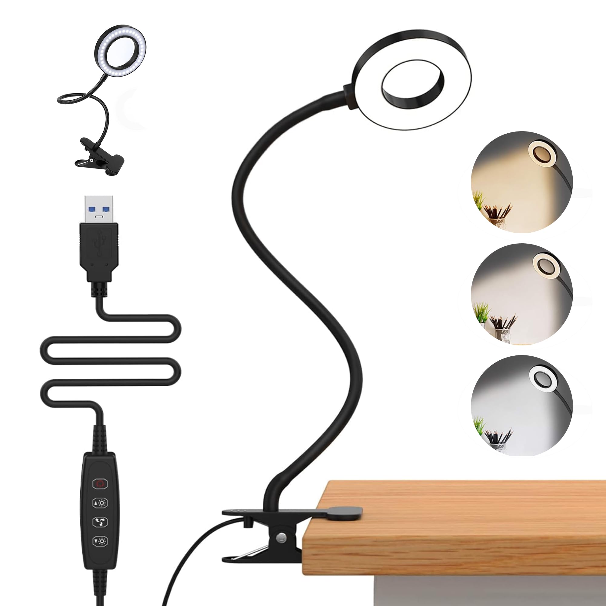 OLVEX - Lampara LED 3 Tonos y 10 Niveles de Brillo - Flexo LED Escritorio con Pinza - Adecuado Para Viajes de Lectura Nocturn