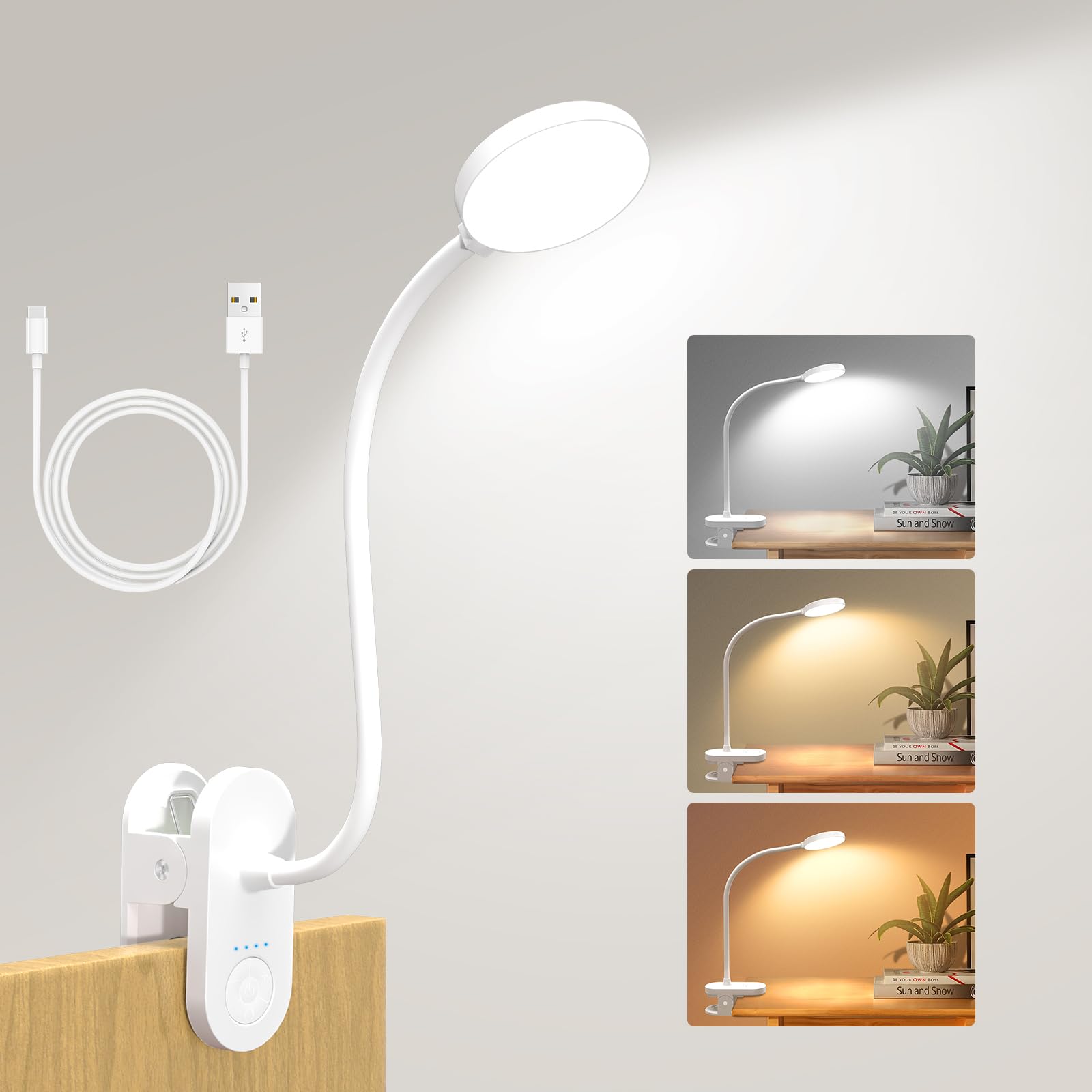 ZAPLIT 61 LED Lámpara de Lectura con Pinza – 【3 Modos & 10 Niveles】 2000mAh USB-C, 40cm Cuello Flexible, Luz para Cama, Escri