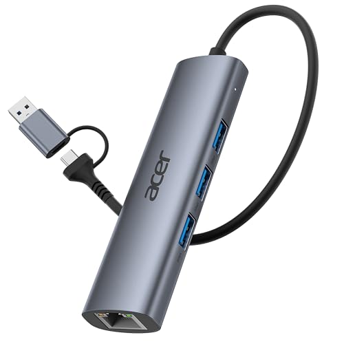 acer Hub Ethernet USB C/A, Adaptador con Puertos USB-A*3 5Gbps, 1000 Mbps LAN, Carcasa de Aluminio, Adaptador USB de Red para PC, Portátil, MacBook/iPad Pro, iPhone 17, macOS, Windows, etc.