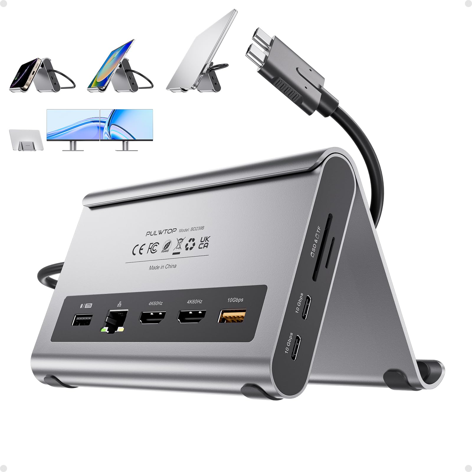 PULWTOP MacBook Docking Station Dual Monitor 4K@60Hz para MacBook Pro/Air M3 Pro/M4/M5 Pro/MAX, Computadora Portátil USB C Do