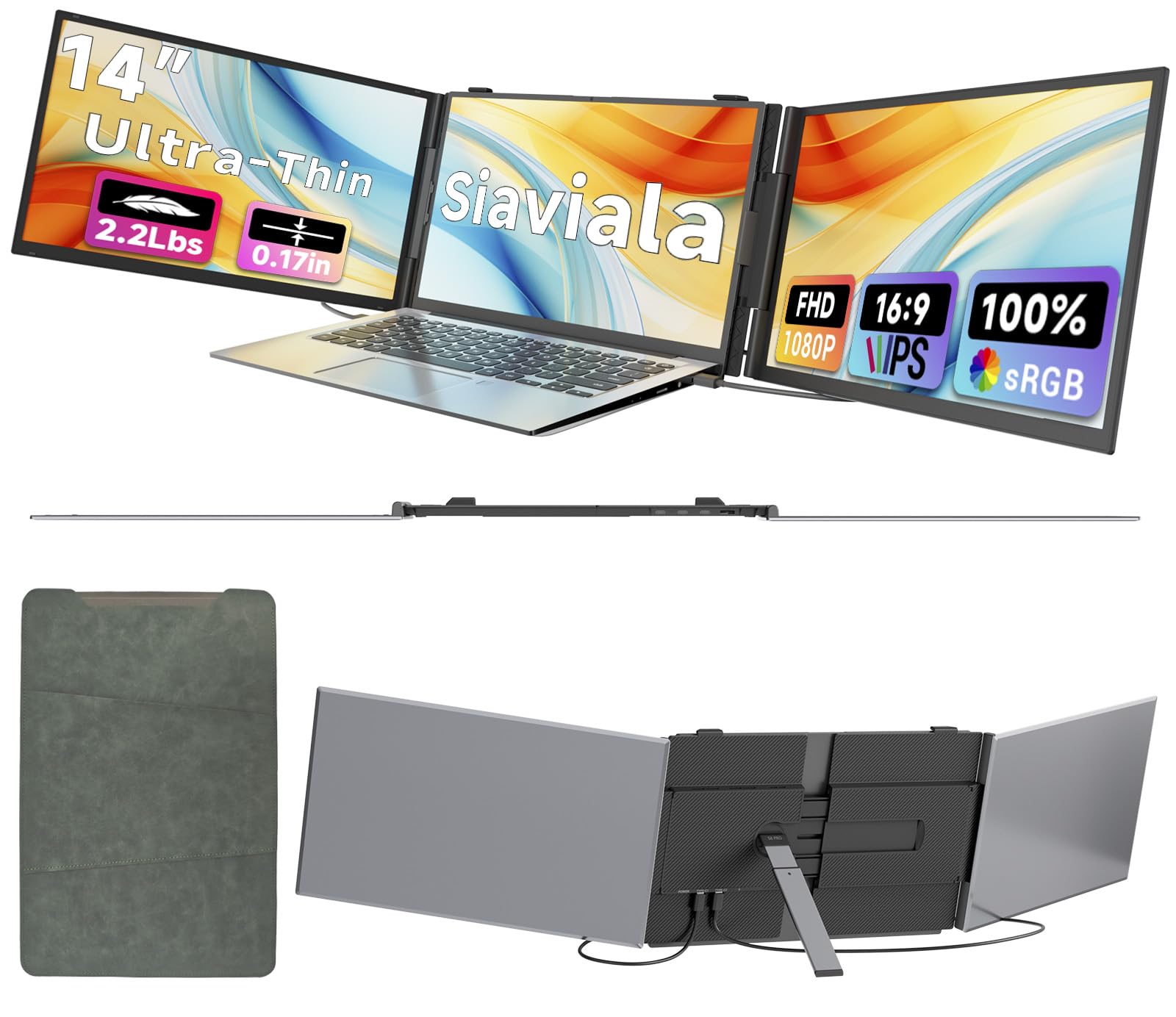 siaviala Extensor Pantalla Portatil 0.17 "Ultra-Fino, 14" 1080P FHD IPS Monitor Portatil, Triple Pantalla para Portatil para
