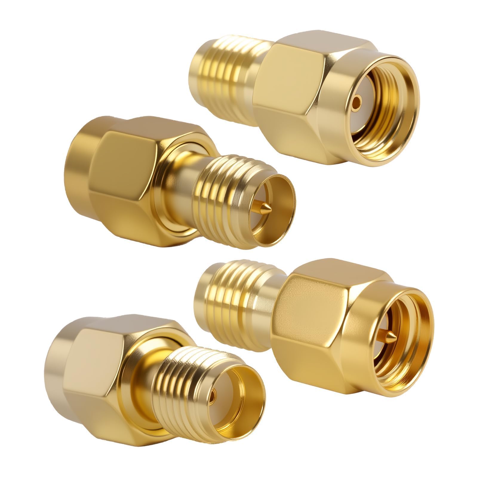 Pevlkawr Pack 4 Adaptadores: 2X Macho a Hembra & 2X Macho RP-SMA a Hembra SMA, 50 Ohm Chapado en Oro, para Antena WiFi, Route