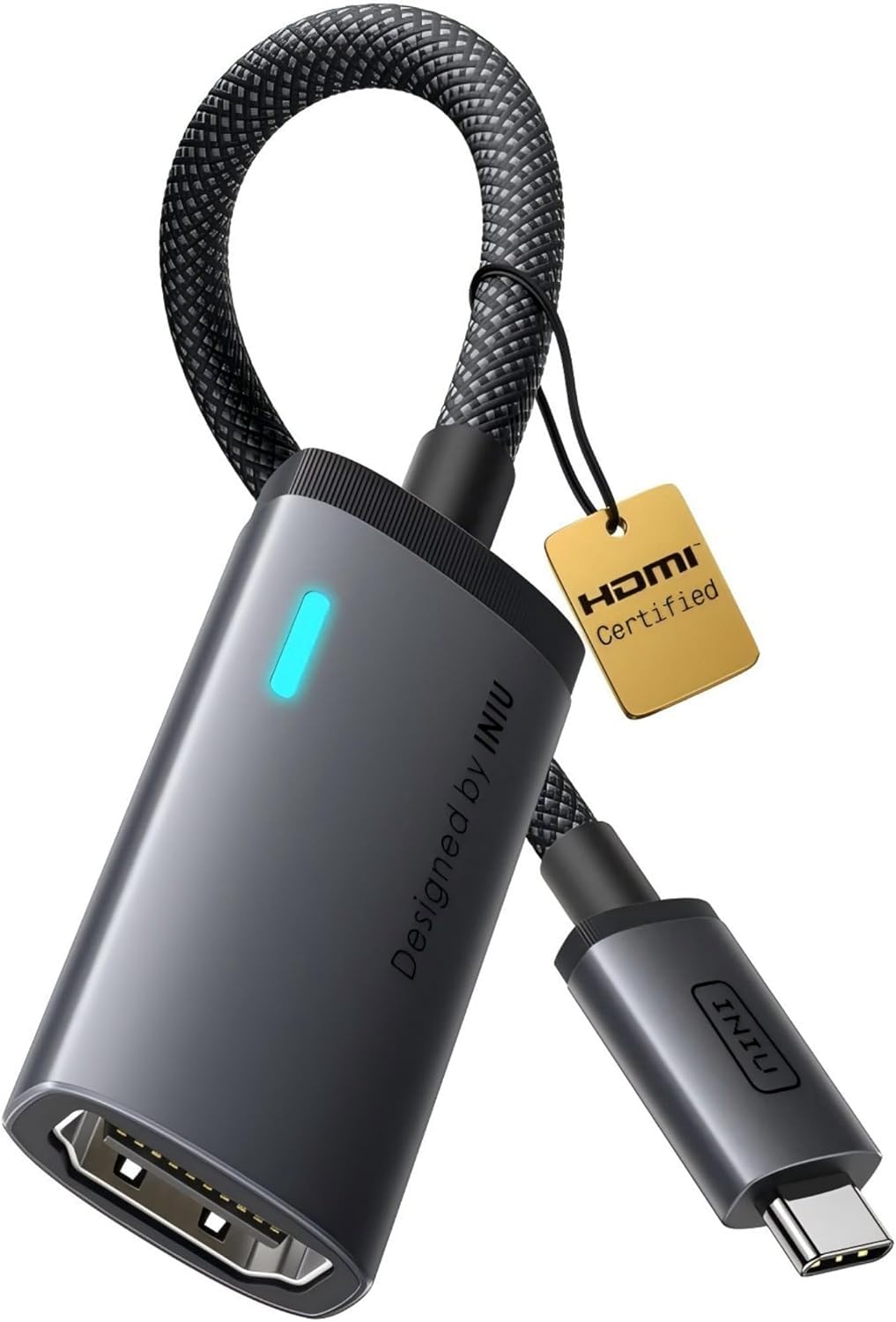 INIU Adaptador USB C a HDMI, Certificación HDMI Oficial con LED Inteligente, 4K@60Hz Compatible con Puertos Thunderbolt 3/4,