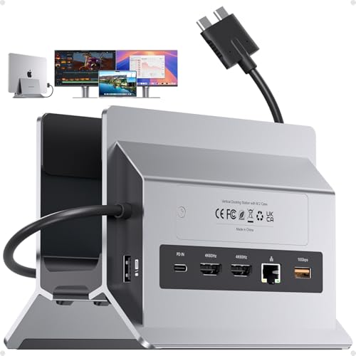 MacBook Docking Station Dual Monitor, Dual-USB C Laptop Docking Station 2 HDMI 4K@60Hz, USB-A/C 10Gbps, PD, Ethernet, M.2 NVMe SSD Case. Vertical Dock Stand para MacBook Pro Air M3 M4 M5