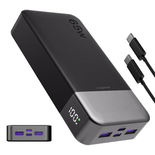 JUOVI Batería Externa Carga Rápida 65W Power Bank 20000mAh Compacto USB-C, Batería Externa Portátil Cargador Portátil para Laptop, MacBook, DELL, iPad, iPhone, Samsung y Más (Negro)