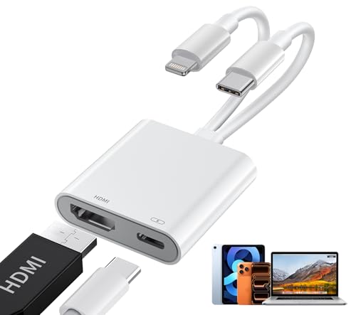 4K@60Hz Adaptador USB C y Lightning a HDMI para iPhone [Certificado MFi] 100W Adaptador USB-C a HDMI para iPhone17/16/15/Galaxy Adaptador HDMI a iPhone 17-5/iPad/macbook para TV/Proyector/Monitor